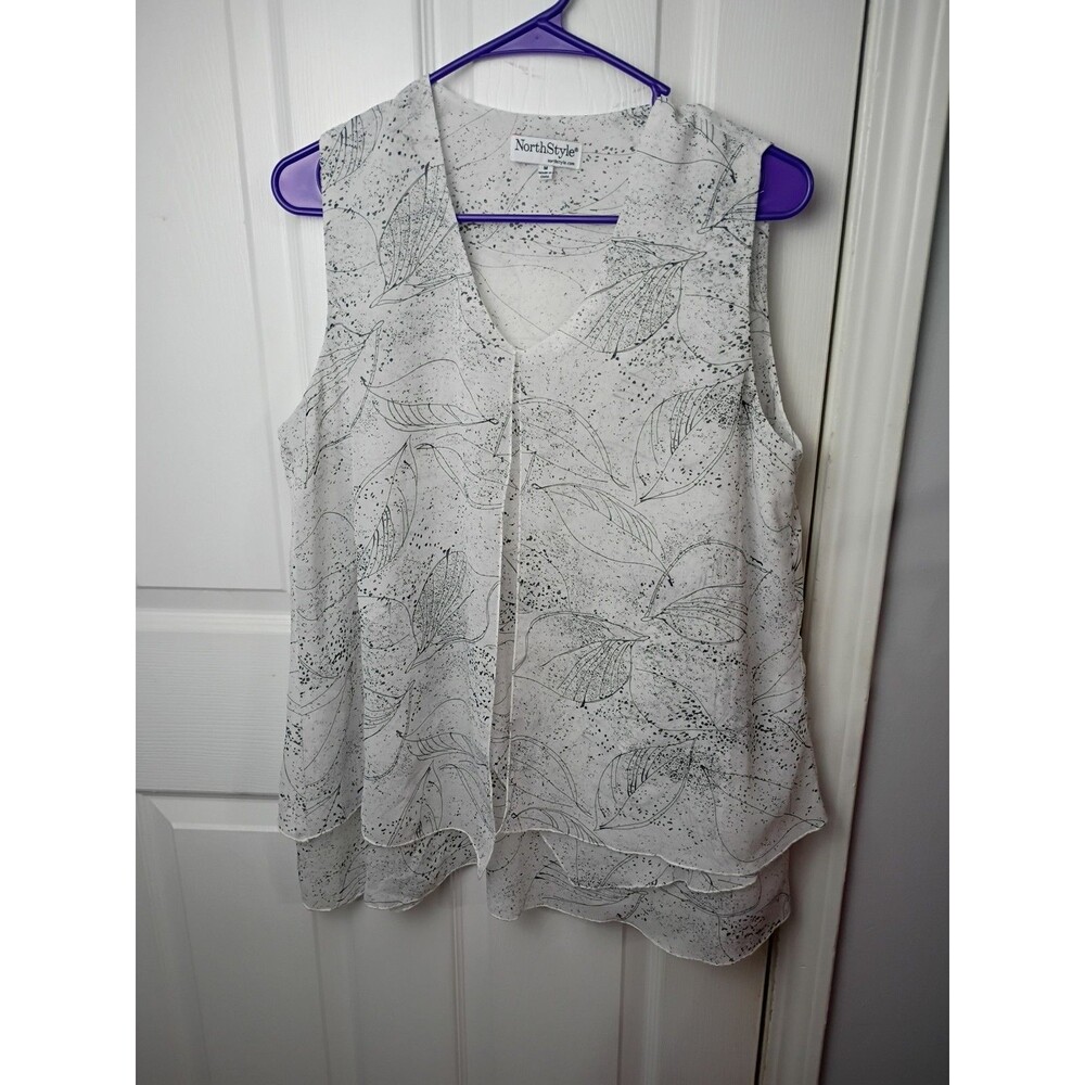 Northstyle Woman M Black White Tank Layer  Sheer Abstract Blouse Lightweight